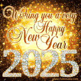Celebrate in elegance with this diamond-inspired animated New Year 2025 GIF, featuring glowing golden decorations.