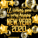 Make your New Year wishes shine with this festive animated GIF featuring golden balloons and sparkles.