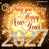 An animated GIF with 'Wishing you a very Happy New Year' in elegant script. The year 2027 is written in sparkling, diamond-encrusted numbers against a glittering gold, sparkling background.