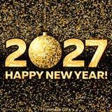 A festive New Year 2027 animation features a sparkling gold disco ball forming the '0' in 2027. The text 'Happy New Year!' is written below, against a background of twinkling golden stars.