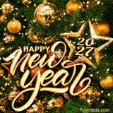 An animated GIF for Happy New Year 2027 with the text in a beautiful gold script. The background is a close-up of a festive tree with sparkling gold baubles, a star ornament, and twinkling lights.