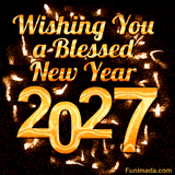 An animated GIF with 'Wishing You a Blessed New Year 2027' in a glowing golden font, set against a dark background with sparkling, abstract golden fireworks exploding.