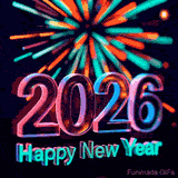 An animated image for New Year 2026 featuring the year in a shiny 3D text, The design is filled with a beautiful and dynamic animation of a colorful firework in the background.