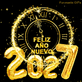 Un elegante GIF de saludo de Año Nuevo, Los globos dorados '2027' están colocados frente a un reloj brillante, rodeado por un remolino de estrellas doradas.