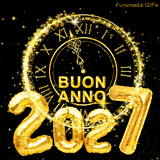 Un GIF animato con la scritta 'Buon Anno' su un grande orologio dorato che si avvicina a mezzanotte, Palloncini di stagnola dorati che formano il numero 2027 fluttuano davanti.