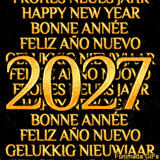 An animated GIF with 'Happy New Year' written in multiple languages (English, German, French, Spanish, etc,) in a glowing golden font, The number '2027' is large in the center.