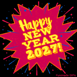 A beautiful New Year 2027 animation shows a colorful starburst behind large, yellow numbers and text, The greeting 'Happy New Year' animates with a fun, sparkling effect.