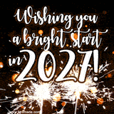 A warm animated New Year 2027 greeting, The text wishes a 'bright start' as two sparklers burn and crackle at the bottom, sending sparks across the dark screen.