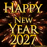 A vibrant animated New Year greeting for 2027, The golden words stand out against an exploding firework with golden light trails that sparkle and expand.