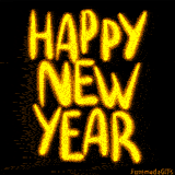 This animated GIF features the message 'Happy New Year!', The design is decorated with a simple yet effective glowing text effect, making the words appear like a neon sign.