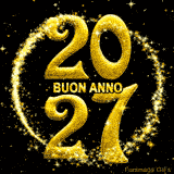 I numeri dorati '2027' con la scritta 'Buon Anno'. Un vortice di stelle scintillanti e luminose gira intorno ai numeri su uno sfondo nero, creando un'atmosfera magica e festosa.