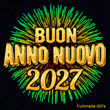 La scritta dorata 'Buon Anno Nuovo 2027' brilla davanti a un'esplosione di fuochi d'artificio animati verdi e gialli. L'atmosfera è vibrante e perfetta per celebrare il Capodanno.
