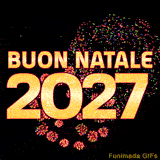 GIF animata per Natale: i numeri gialli '2027' sono al centro di uno spettacolo pirotecnico. Fuochi d'artificio colorati esplodono ininterrottamente nel cielo notturno per un augurio speciale.