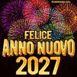 La scritta dorata 'Felice Anno Nuovo 2027' risplende davanti a un cielo notturno illuminato da fuochi d'artificio animati di colore viola, rosso e blu, creando un'atmosfera festosa.
