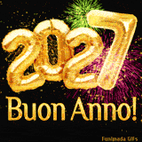 GIF animata per Capodanno 2027: palloncini lucidi a forma di '2027' sono circondati da un'esplosione di fuochi d'artificio verdi e rosa e da brillantini dorati.