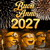 GIF animata per Capodanno: i Minions festeggiano con gioia sotto uno spettacolo di fuochi d'artificio. La scritta 'Buon Anno 2027' è in primo piano, creando un'atmosfera di grande festa.