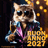 Un gatto elegante con occhiali da sole e una giacca scintillante fa un brindisi con un bicchiere di champagne. La scritta 'Buon Anno 2027' completa la scena festiva e glamour.
