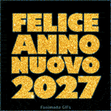 La scritta 'Felice Anno Nuovo 2027' con caratteri spessi e glitter dorati che brillano. Lo sfondo è nero con un bordo blu scintillante, creando un effetto elegante e festoso.