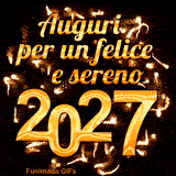 Un messaggio di auguri caloroso per il 2027. La scritta 'Auguri per un felice e sereno' e i numeri dell'anno sono incorniciati da fuochi d'artificio animati che creano un effetto luminoso e accogliente.