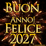 La scritta dorata 'Buon Anno! Felice 2027' risalta su uno sfondo nero. Alle sue spalle, un'esplosione di fuochi d'artificio dorati crea un'atmosfera di grande festa e celebrazione.