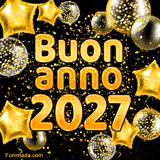 GIF animata per Capodanno: una cascata di coriandoli dorati cade su palloncini a forma di stella e trasparenti. Al centro, il testo 'Buon Anno 2027' per una festa scintillante.