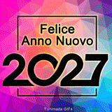 GIF animata con la scritta 'Felice Anno Nuovo 2027' in nero su uno sfondo geometrico e colorato con sfumature di rosa, blu e viola, per un augurio moderno e di design.