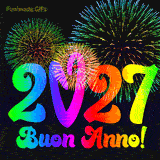 GIF animata di Capodanno: i numeri '2027' e il testo 'Buon Anno!' sono scritti con colori vivaci e cangianti. Fuochi d'artificio colorati esplodono ininterrottamente in questa immagine festosa.