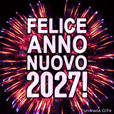La grande scritta bianca 'Felice Anno Nuovo 2027!' risalta davanti a un'esplosione continua di fuochi d'artificio rosa e viola su sfondo nero, creando un effetto molto energico.