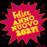 Un'esplosione di festa in stile pop art per il 2027. La scritta 'Felice Anno Nuovo' in giallo su una forma a stella rossa, con dettagli animati che ricordano un fumetto.