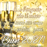 Un brindisi per il 'Buon 2027!'. Questa GIF elegante mostra due bicchieri di champagne, coriandoli dorati che cadono e un messaggio di augurio per un anno ricco di successi e soddisfazioni.