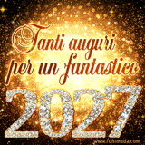 GIF animata di Capodanno: i numeri '2027' sono interamente ricoperti di diamanti che brillano intensamente. La scritta augura un 'fantastico' anno nuovo su uno sfondo dorato e luminoso.