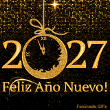 Los números dorados '2027' brillan, con un elegante reloj de lentejuelas doradas en lugar del cero. Las agujas se acercan a la medianoche sobre un fondo de luces doradas y dice '¡Feliz Año Nuevo!'.