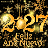 En este GIF festivo, los grandes números '2027' en oro brillan mientras los copos de nieve dorados caen lentamente. Una bola de Navidad cuelga elegantemente, completando los deseos para las fiestas.