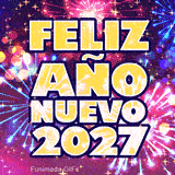 El texto amarillo 'Feliz Año Nuevo 2027' resalta sobre un fondo de fuegos artificiales animados de color rosa y azul. La escena está llena de luces y estrellas brillantes que parpadean.