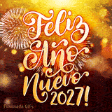 Un GIF animado con el texto '¡Feliz Año Nuevo 2027!' en un hermoso estilo cursivo. El fondo está iluminado por la explosión de fuegos artificiales dorados y luces bokeh desenfocadas.