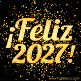 Una tarjeta de felicitación animada y sofisticada para 2027. La frase '¡Feliz 2027!' está enmarcada por una explosión de confeti dorado que crea un efecto visual festivo y elegante.