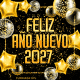 El texto naranja 'Feliz Año Nuevo 2027' está rodeado por globos dorados en forma de estrella y redondos, y por una lluvia de confeti brillante sobre un fondo negro.