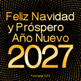 GIF animado con el texto 'Feliz Navidad y Próspero Año Nuevo 2027' en degradado dorado sobre un fondo negro. Ondas de puntos dorados animan el fondo para un saludo moderno.