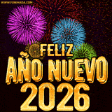 El texto dorado 'Feliz Año Nuevo 2027' brilla sobre un fondo de fuegos artificiales animados de varios colores como morado, azul y verde, creando una atmósfera de celebración vibrante.