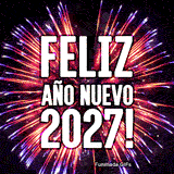 El texto blanco '¡Feliz Año Nuevo 2027!' resalta sobre una explosión continua de fuegos artificiales rosas y morados sobre un fondo negro, creando un efecto muy enérgico.