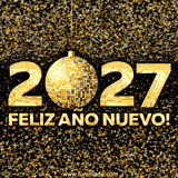GIF animado de Año Nuevo: una bola de discoteca dorada cuelga y forma el cero de 2027. La imagen está inmersa en una lluvia de estrellas doradas que brillan sobre un fondo negro.