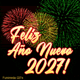 Fuegos artificiales rojos, verdes y amarillos explotan detrás del texto luminoso '¡Feliz Año Nuevo 2027!' en este GIF animado para celebrar el Año Nuevo con colores vivos.