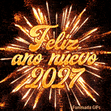 El saludo 'feliz año nuevo 2027' en una elegante caligrafía naranja resplandece sobre una explosión de fuegos artificiales dorados. La escena animada irradia energía y calidez festiva.