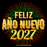 Un espectacular GIF donde las palabras 'Feliz Año Nuevo 2027' brillan con un efecto 3D dorado. Detrás, fuegos artificiales verdes y rojos estallan creando un vibrante contraste.