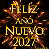 El saludo 'Feliz Año Nuevo 2027' en letras doradas resalta sobre un cielo oscuro. Detrás, una explosión de fuegos artificiales dorados anima la escena con gran energía y brillo.