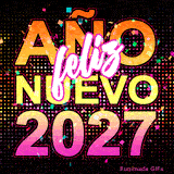 Un GIF animado con ambiente de fiesta. El texto 'Feliz Año Nuevo 2027' en colores neón y una lluvia de confeti sobre un fondo de puntos de luz, creando un efecto disco.