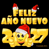Un GIF animado con el texto 'Feliz Año Nuevo 2027'. Un emoji sonriente con un gorro de Papá Noel levanta ambos pulgares, apareciendo entre los números del año.