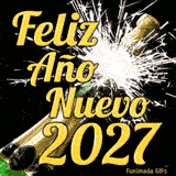 Una botella de champán explota con chispas brillantes. El corcho vuela y el texto 'Feliz Año Nuevo 2027' en letras doradas aparece sobre esta escena animada y festiva.