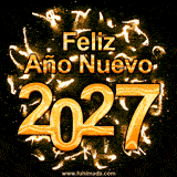 El saludo 'Feliz Año Nuevo 2027' en letras naranjas y brillantes. Detrás, un remolino de chispas doradas y fuegos artificiales abstractos anima la escena sobre un fondo oscuro.
