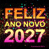 Design moderno e colorido onde a frase Feliz Ano Novo aparece em laranja e amarelo, sobrepondo o ano 2027 em gradiente rosa e roxo, tudo sob uma chuva de confetes.